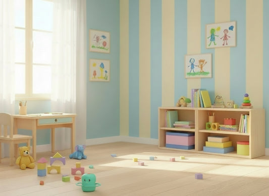 Bright children's playroom with toys and drawings showcasing Intelligenter Zeichenroboter für die frühe Bildung joyfully inspiring learning