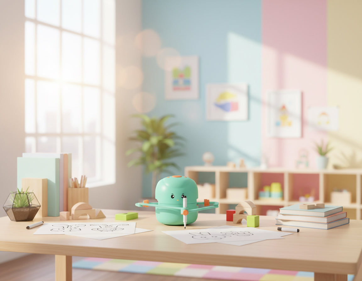 Intelligenter Zeichenroboter für die frühe Bildung drawing on paper in bright room for children and parents joy