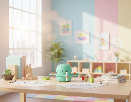 Intelligenter Zeichenroboter für die frühe Bildung drawing on paper in bright room for children and parents joy